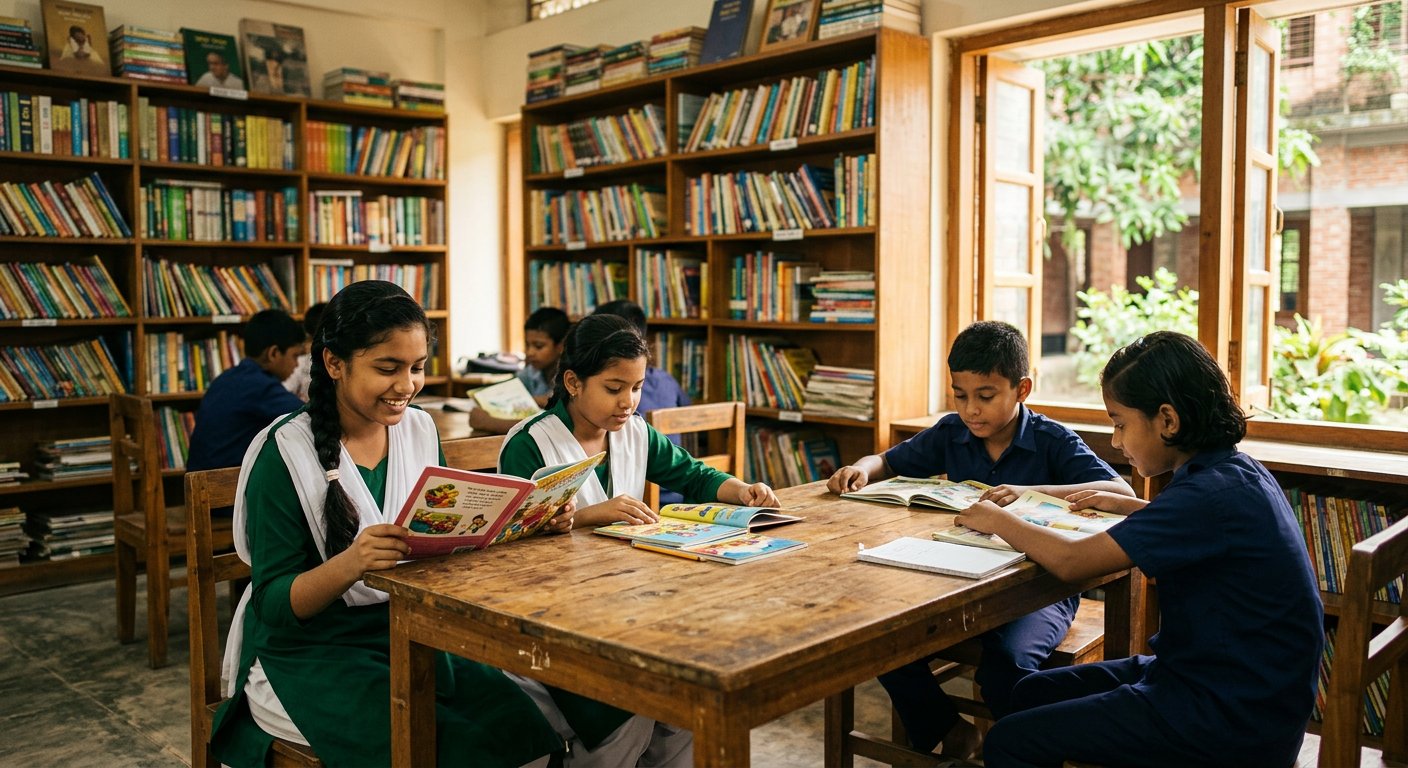 লাইব্রেরিতে বই পড়ছে শিক্ষার্থীরা